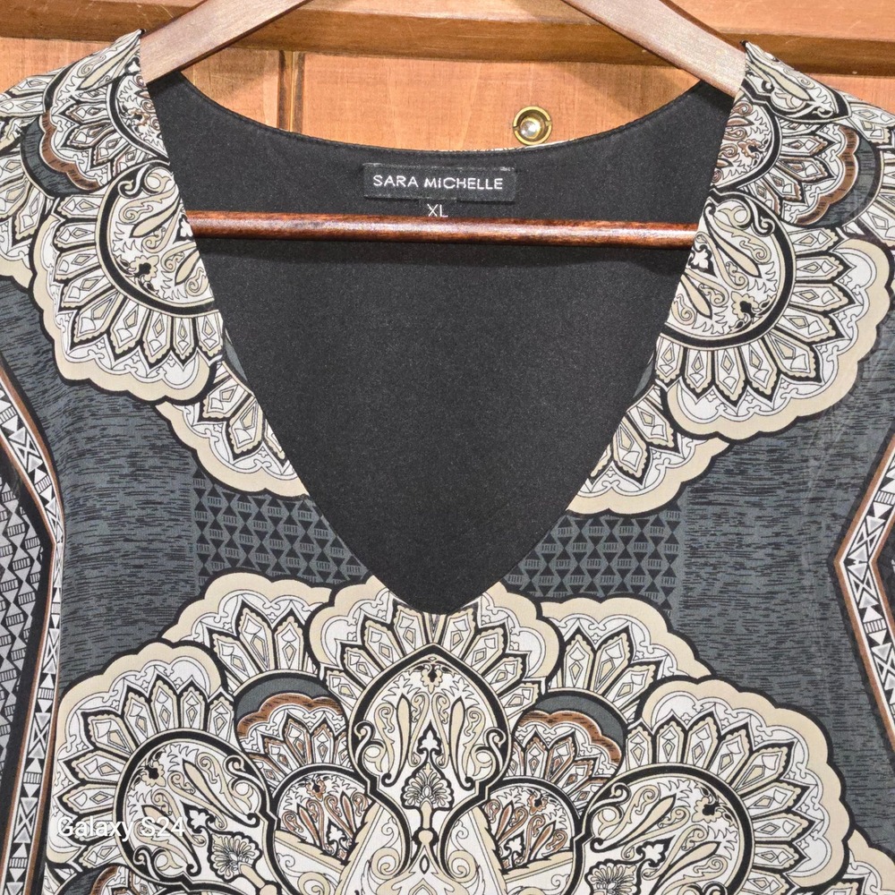 Sara Michelle Grey Black Medallion Paisley V-Neck Layered Blouse XL 6069MCPP